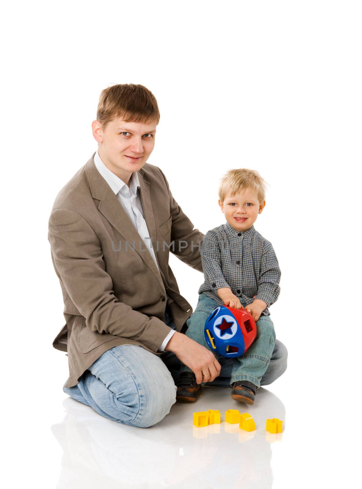 Happy father playing with two years son isolated on white