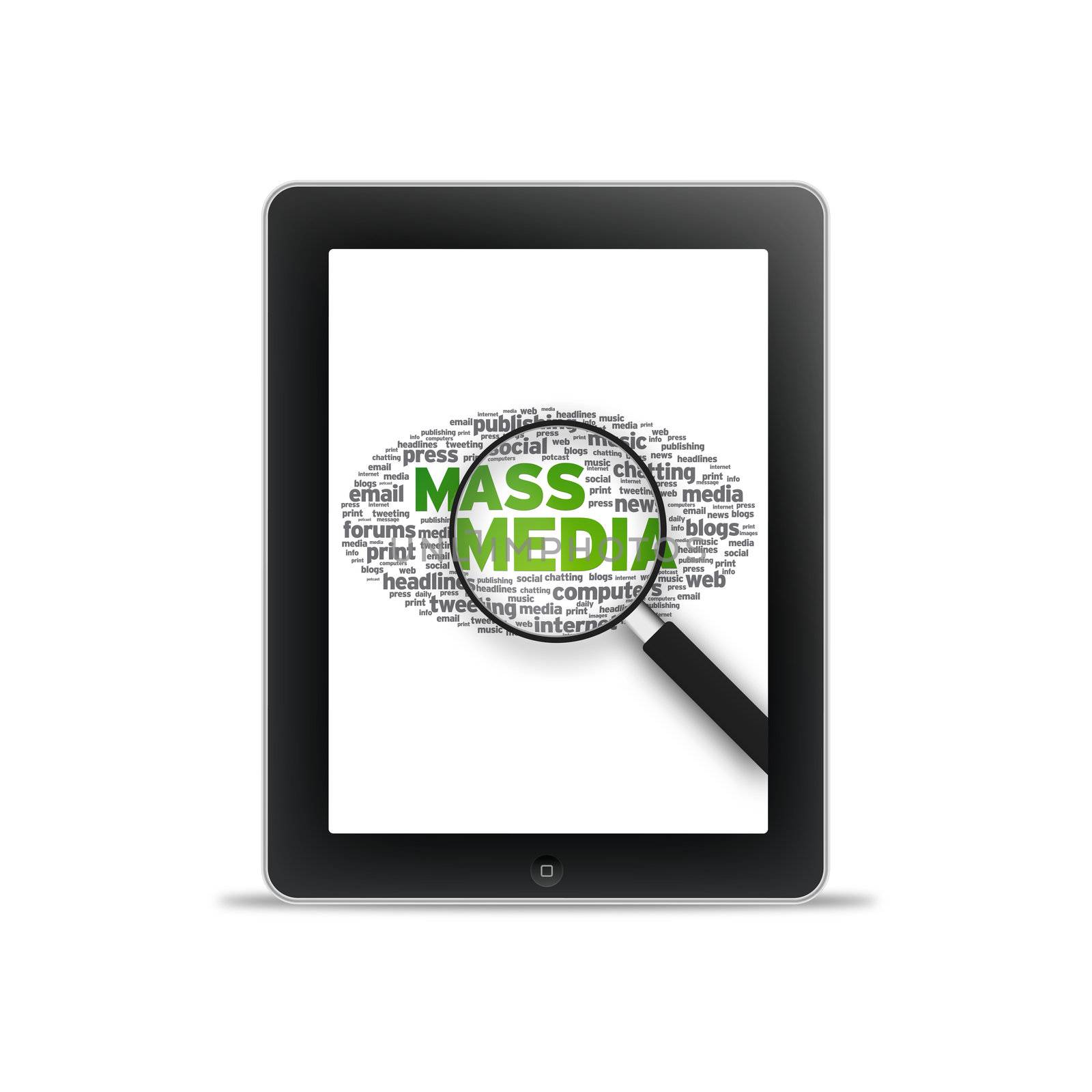 Tablet PC with Mass Media words on white background. 