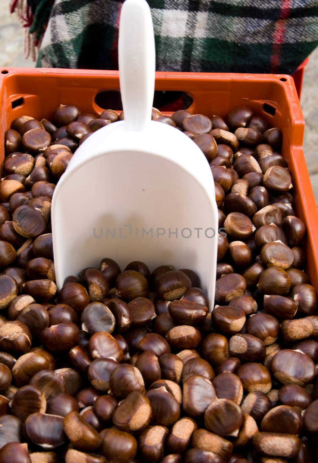 A box of chestnuts, with a white scoop 