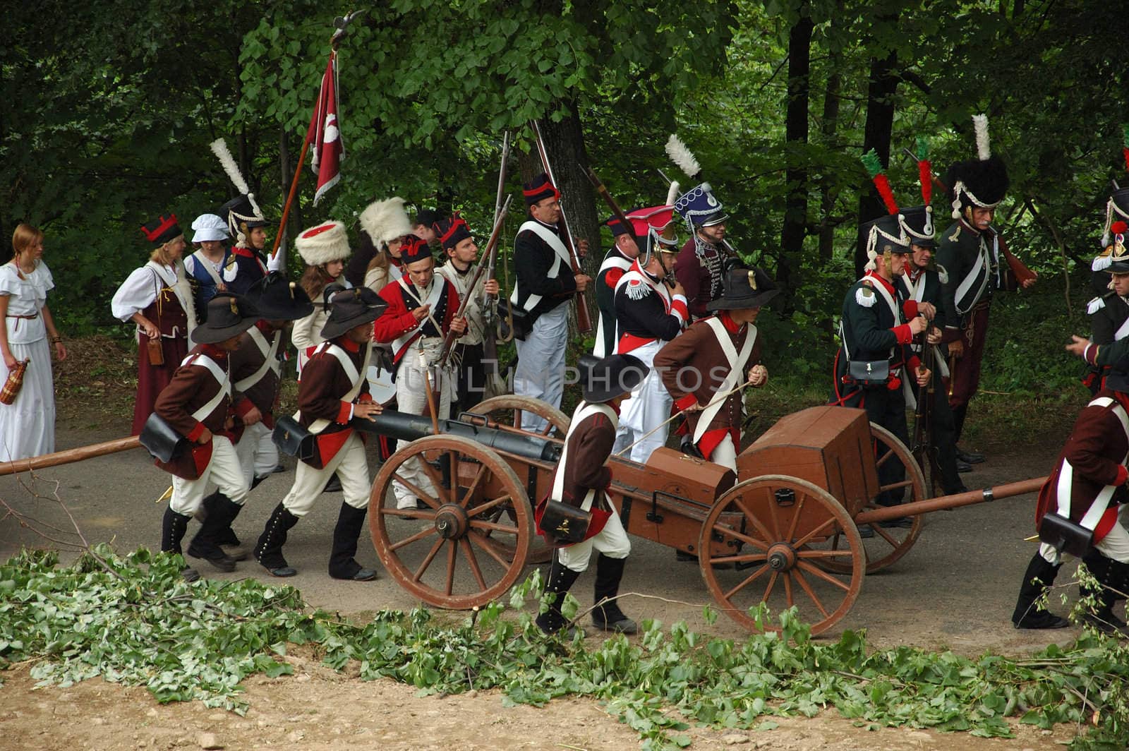 SREBRNA GORA, POLAND - JUNE 11: 1807 Napoleon's forces battle reconstruction, siege of the Srebrna Gora fortress. Unit carries cannon on June 11, 2011.