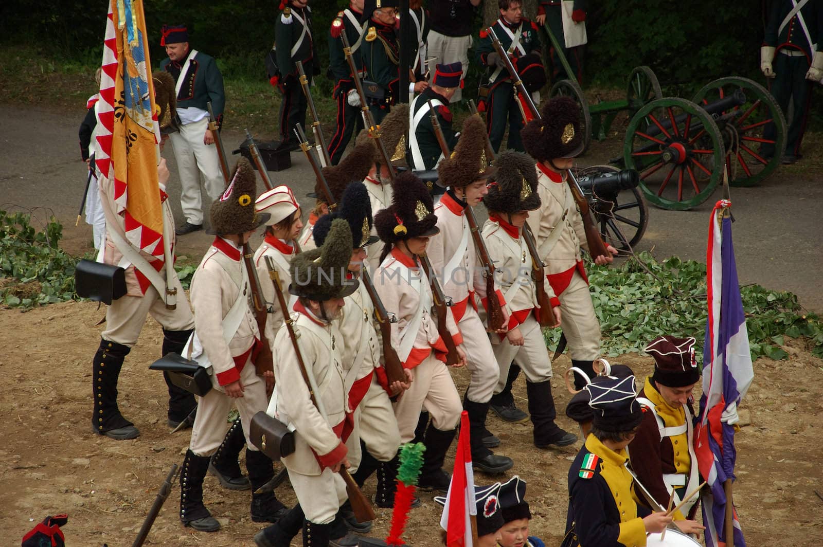 SREBRNA GORA, POLAND - JUNE 11: 1807 Napoleon's forces battle reconstruction, siege of the Srebrna Gora fortress. French army march on June 11, 2011.