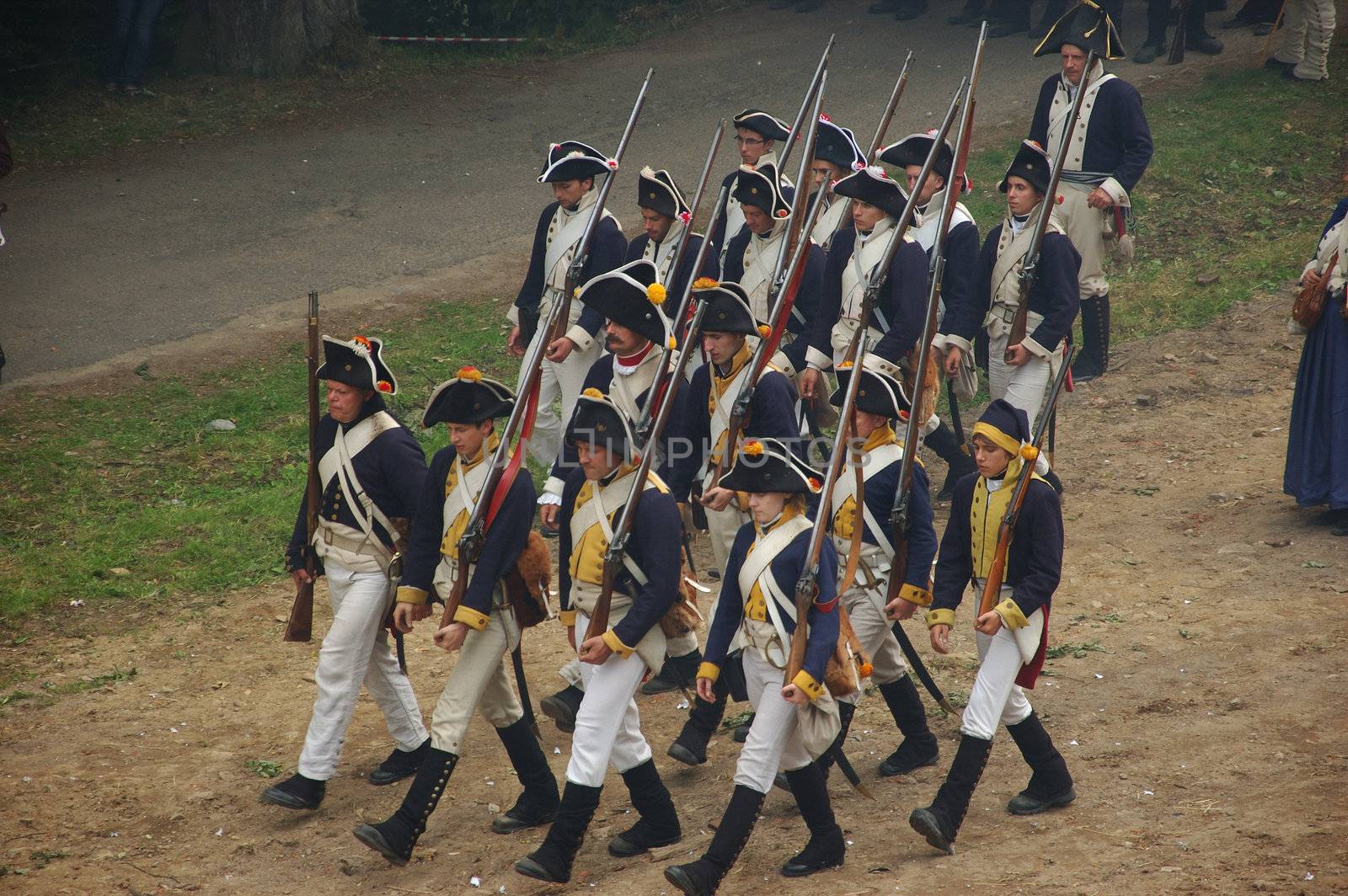 SREBRNA GORA, POLAND - JUNE 11: 1807 Napoleon's forces battle reconstruction, siege of the Srebrna Gora fortress. Prussians march for defense position on June 11, 2011.