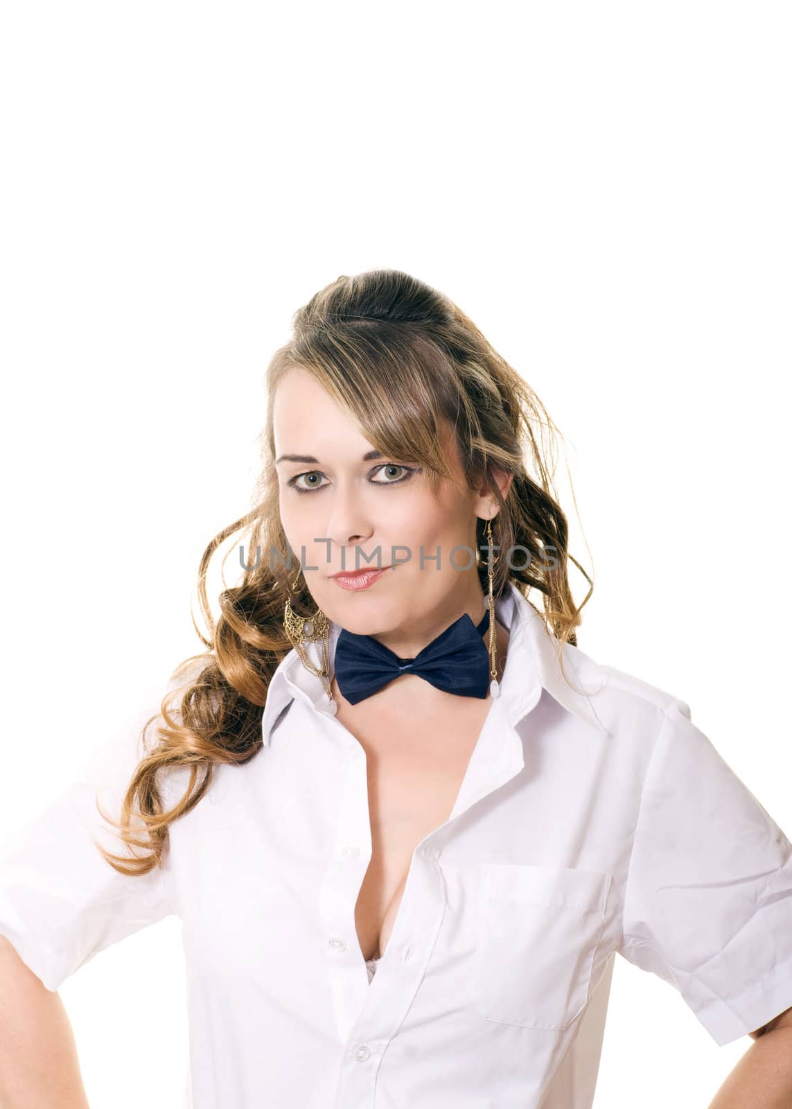 studio portrait of a woman in a bow tie