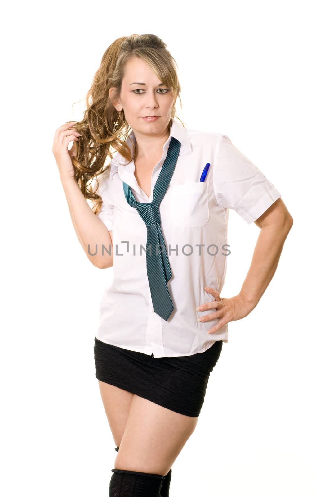 studio portrait of a woman dressed as a schoolgirl