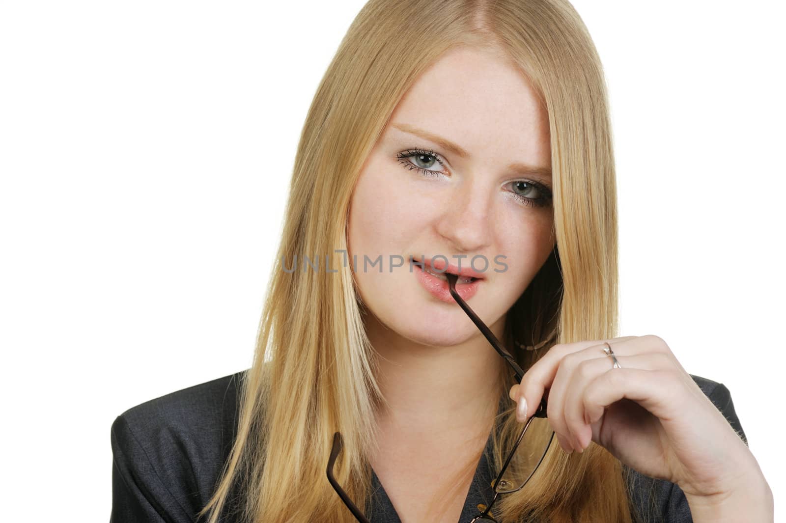 The blonde with glasses. The pretty young woman. On a white background