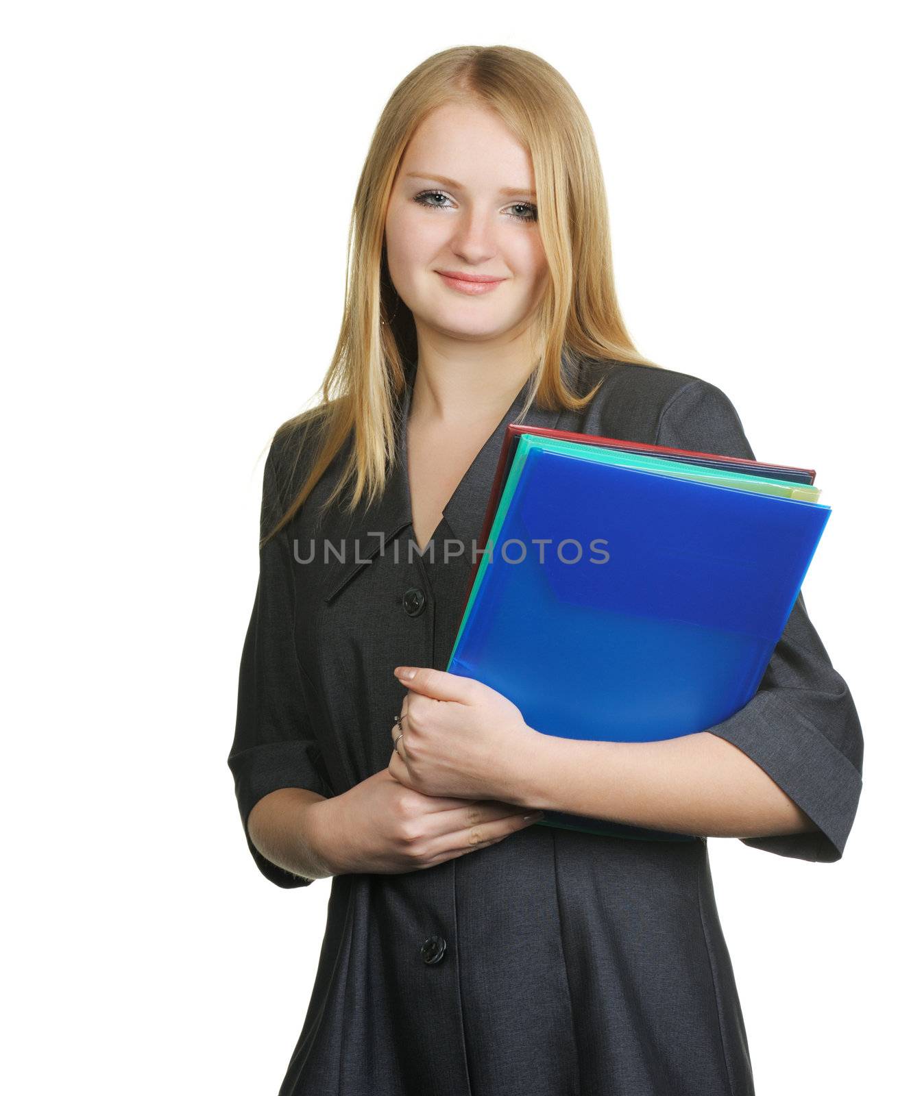 The blonde with official papers. The pretty young woman. On a white background