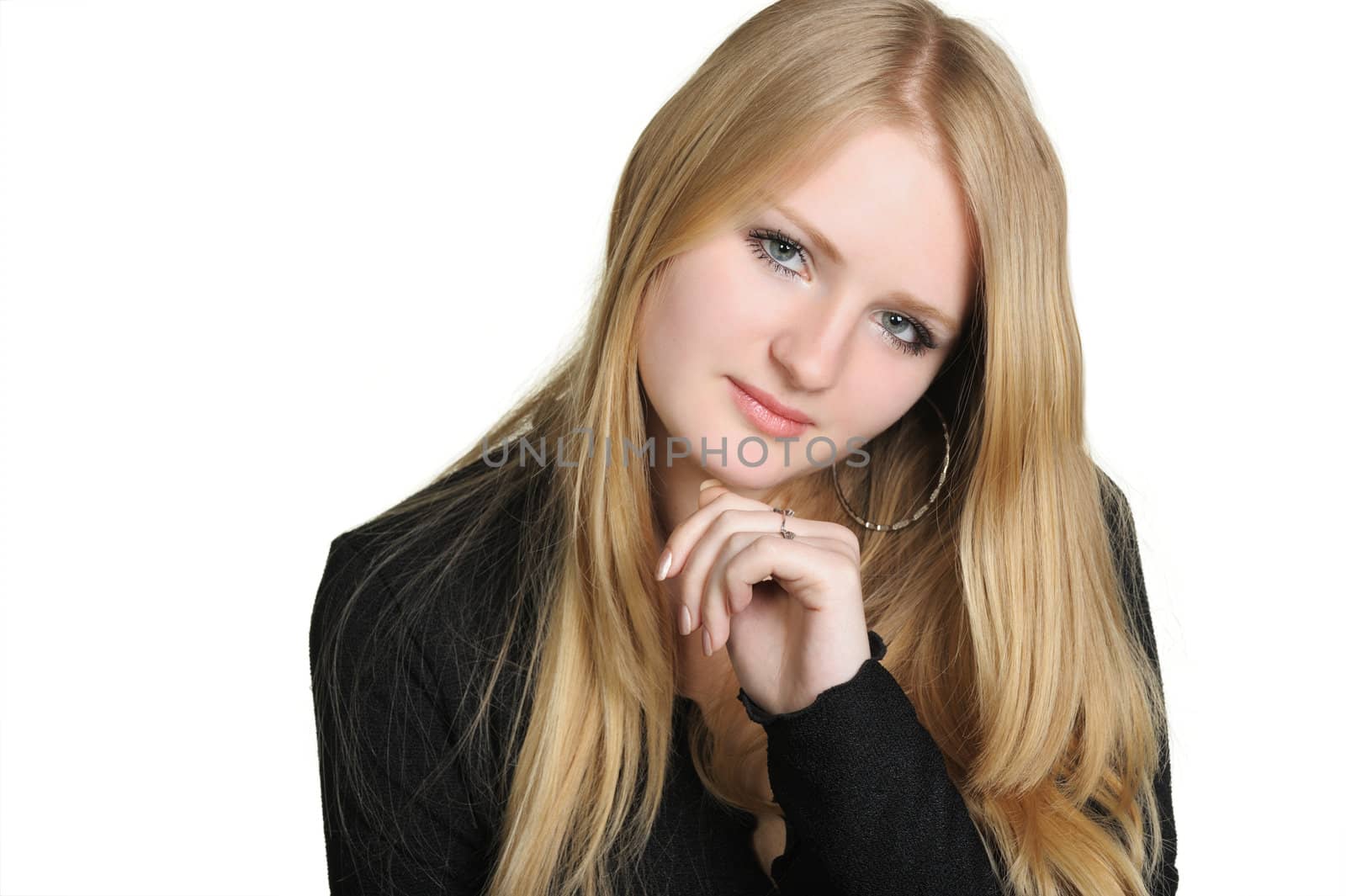 Portrait of the pretty young girl of the blonde. On a white background