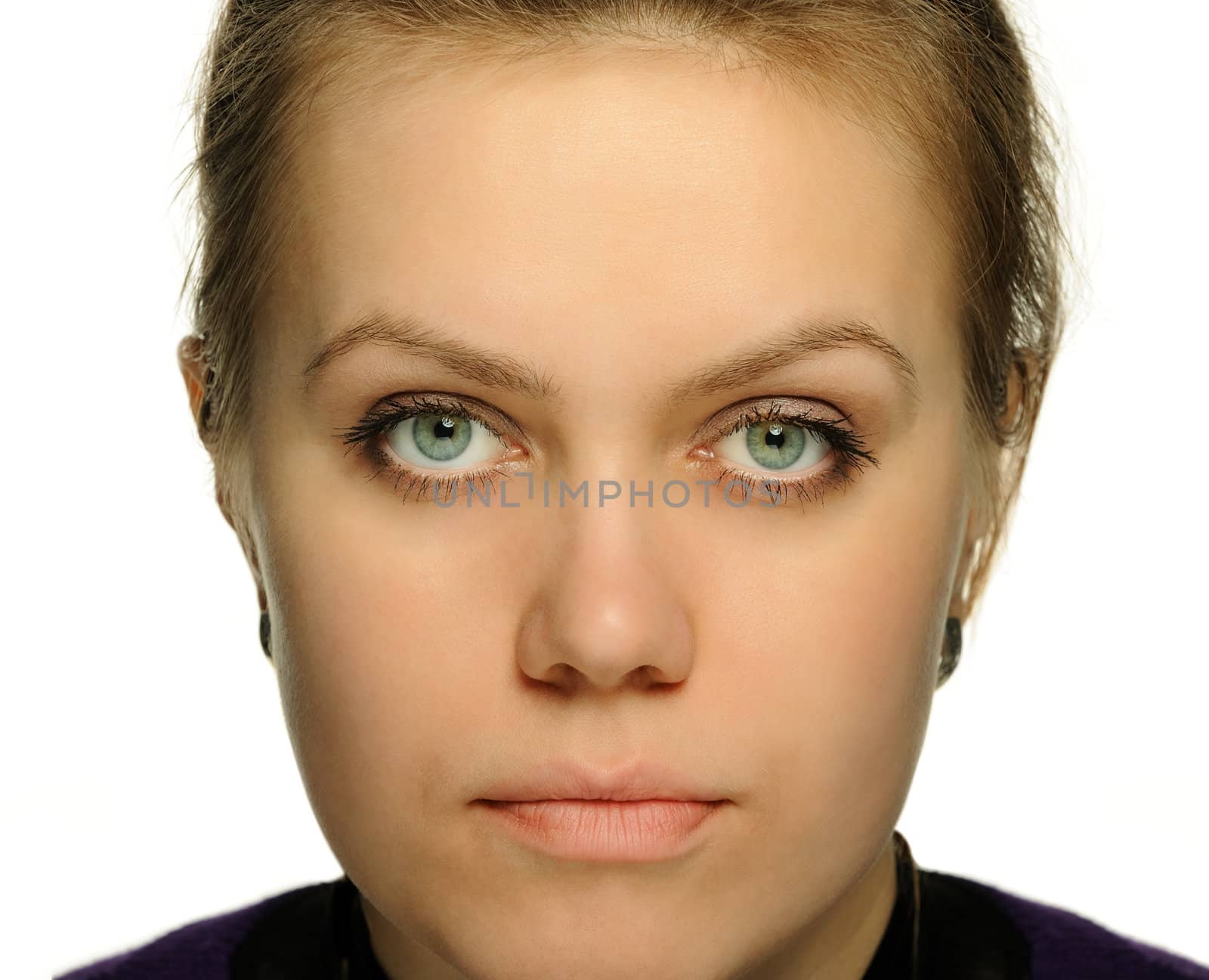 Photo of the woman close up. On a white background