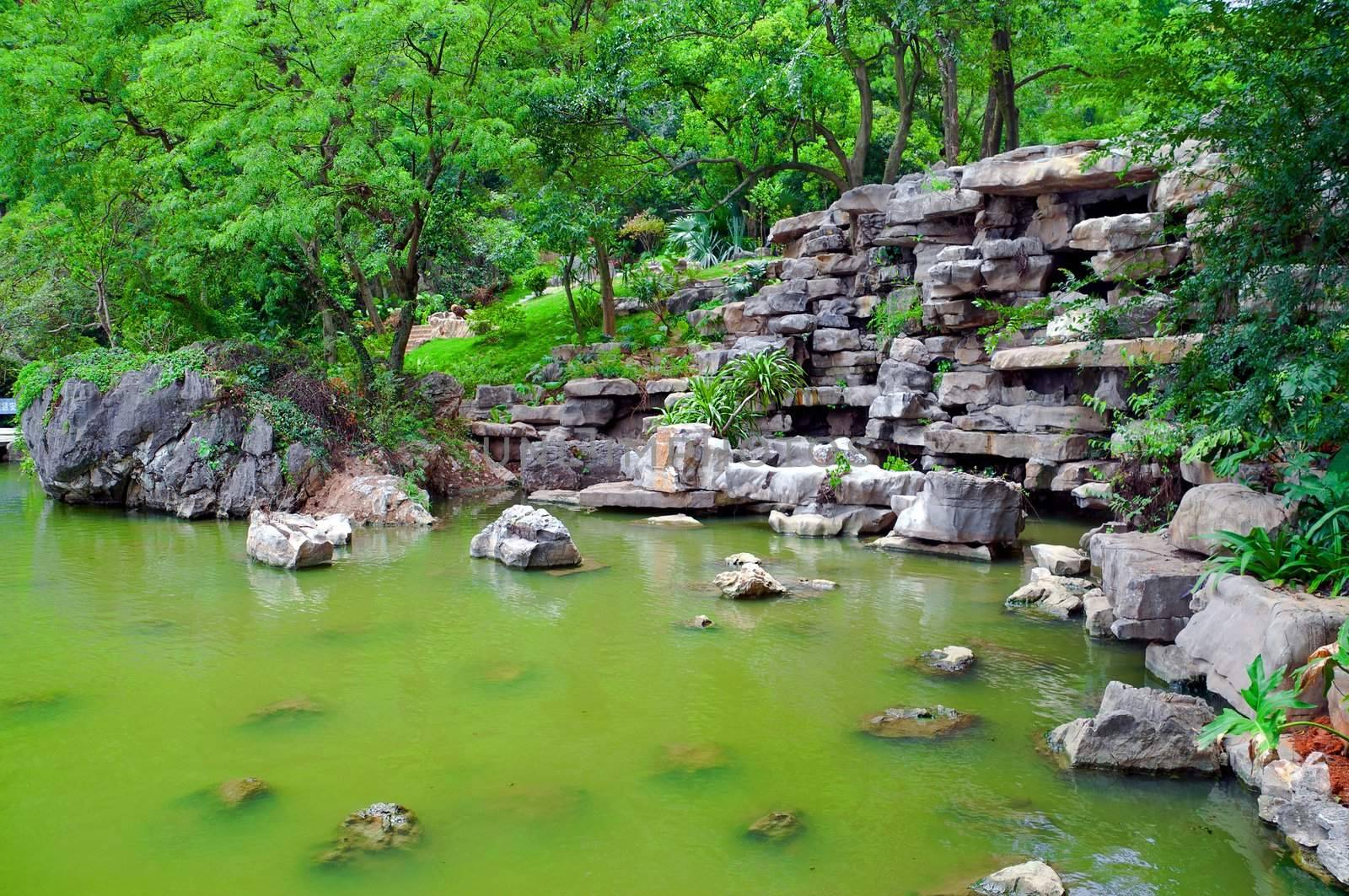 Green Japanese pond with green water