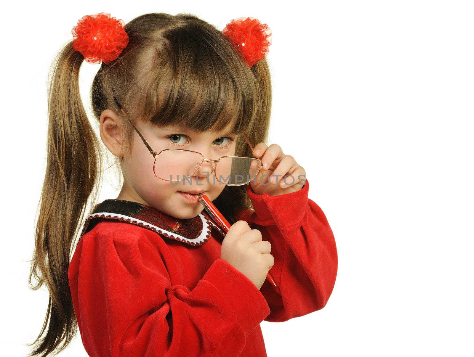 The little girl in big glasses and with pen. It is isolated on a white background