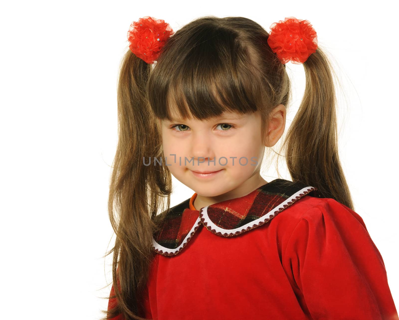 Portrait of the pretty little girl. It is isolated on a white background