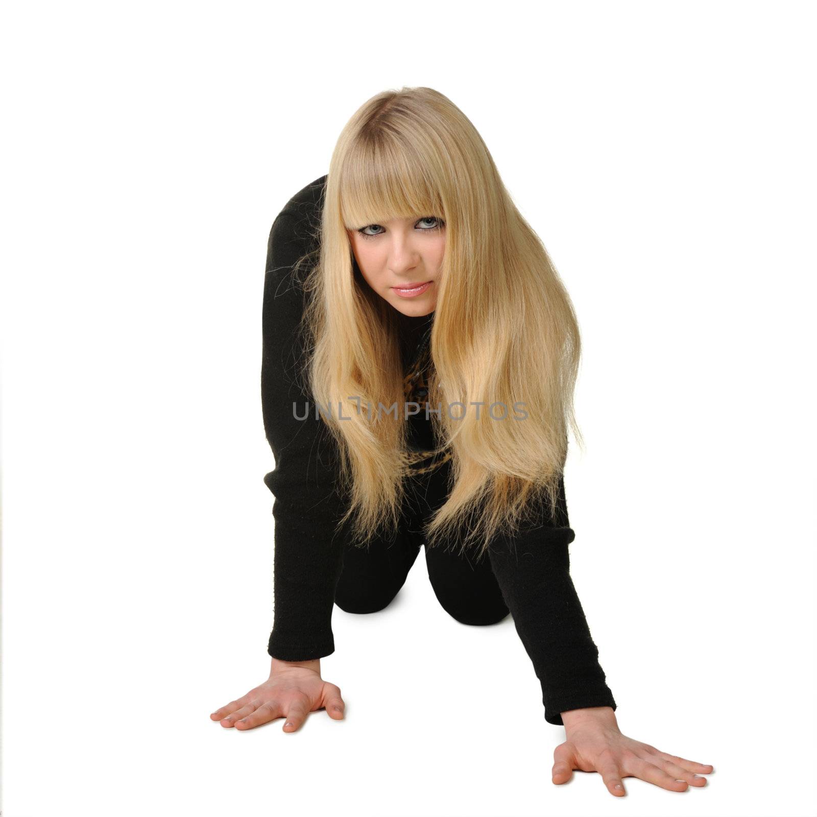 The girl costing on hands and knee. It is isolated on a white background