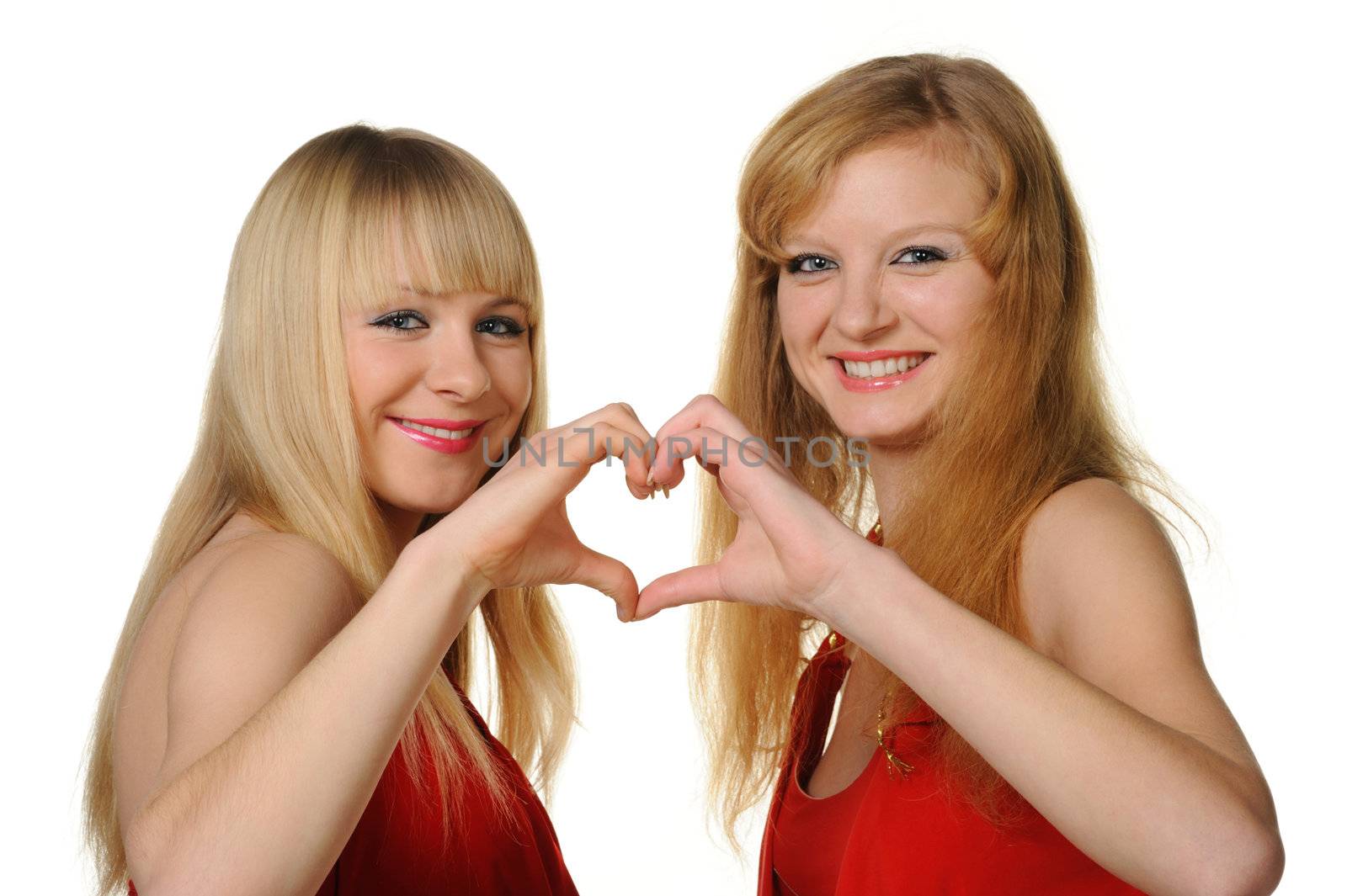 Two girls with the abstract form of heart made by hands. by galdzer