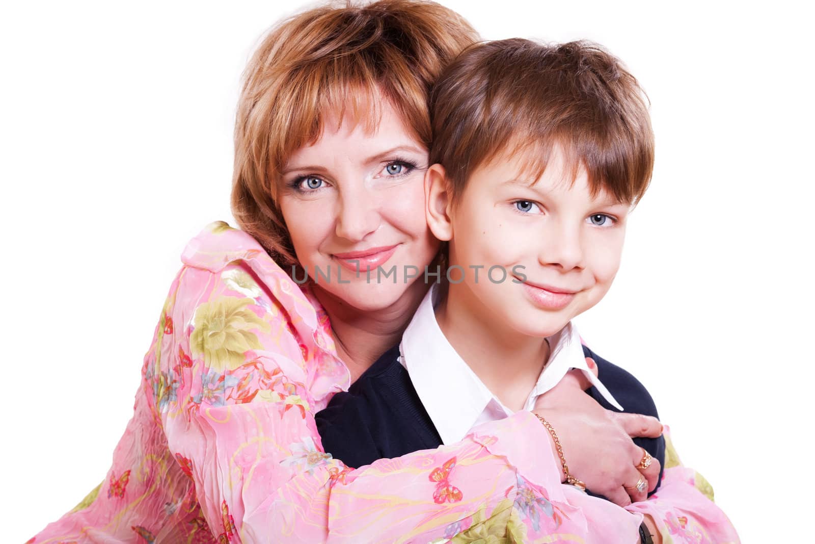 portrait of mother and 9 year old son isolated on white