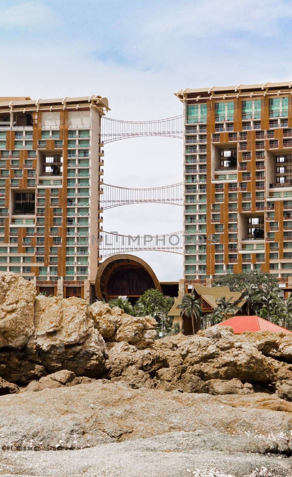 Beach, rocks, and hotels. Modern hotel. The eastern sea of ​​Thailand..