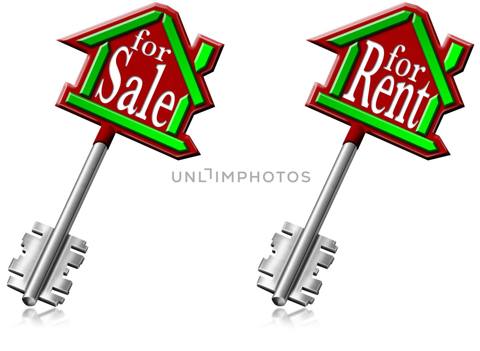 Illustration with house keys or generic building and written for sale and for rent