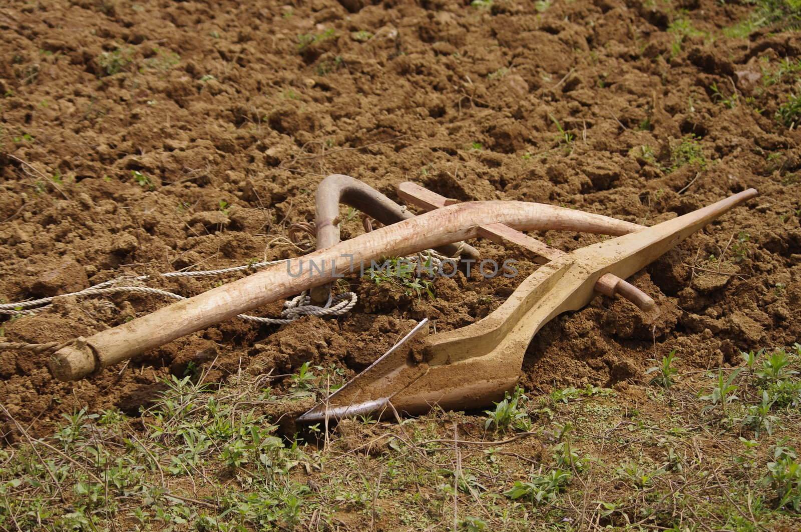 The ancestors labored with the same plow. The plow peasants in northern Vietnam. Plow mono arms in wood. Only soc triangular shape is curved steel