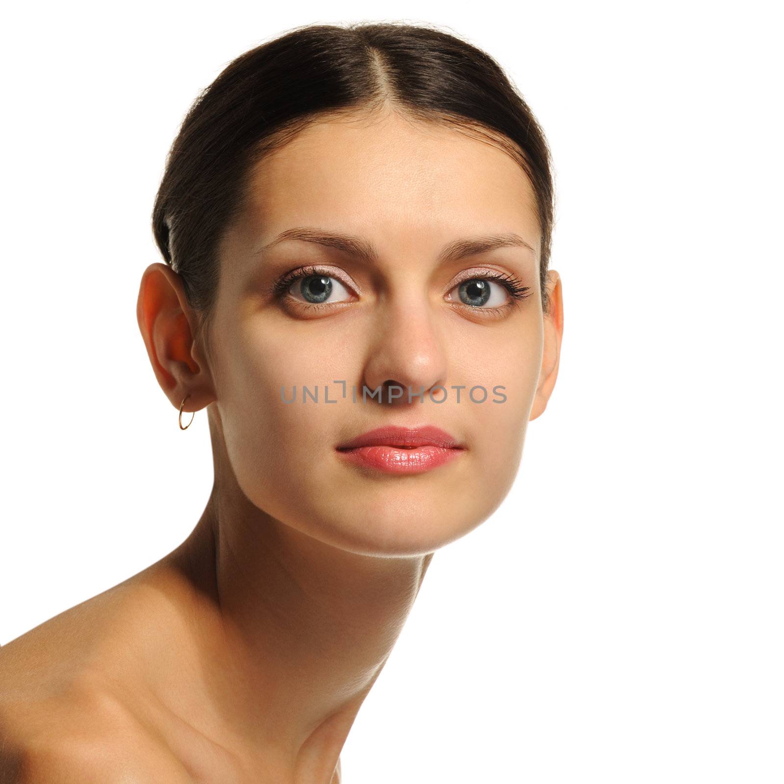 The sexual girl. A portrait closeup. It is isolated on a white background