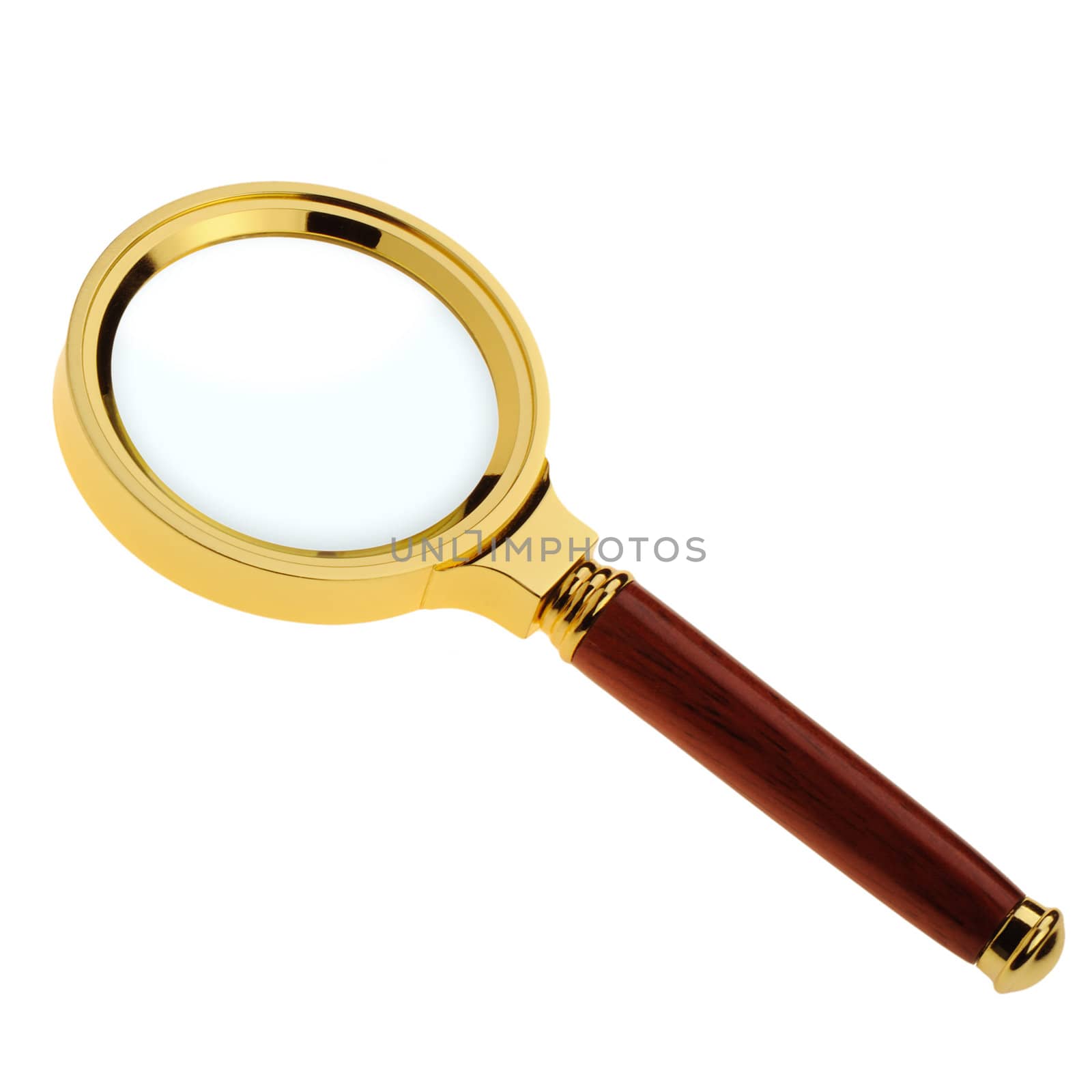 Magnifier. A gold frame, the wooden handle it is isolated on a white background.