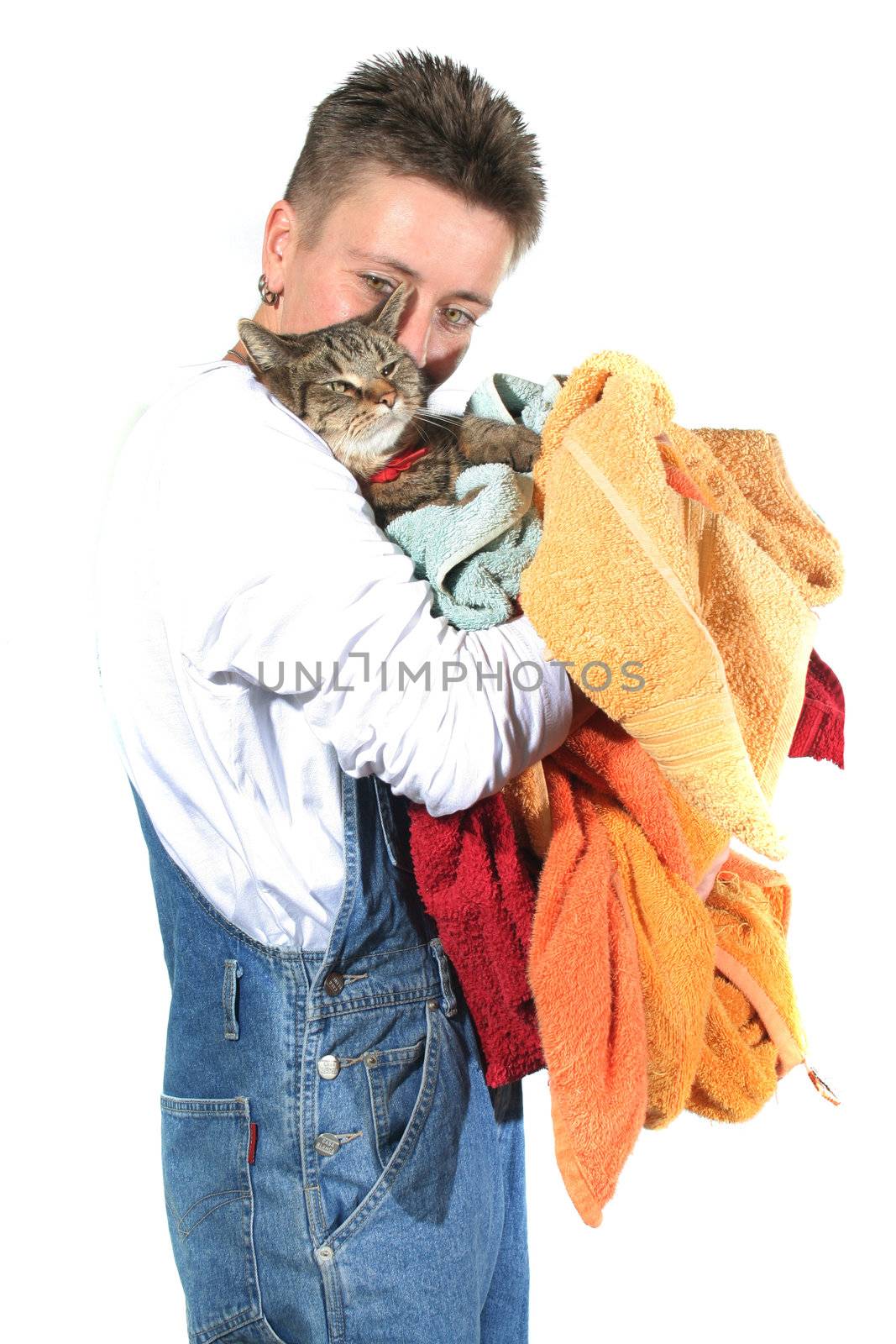 young woman with coloreds and cat in her arms