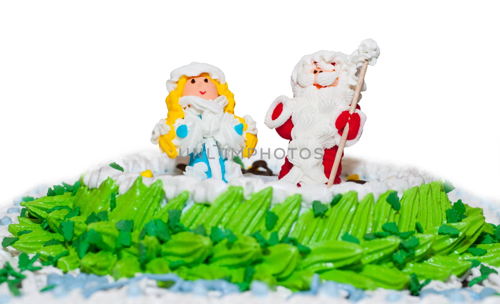 New Year's cake. Decorated the Snow Maiden and Santa on hours.