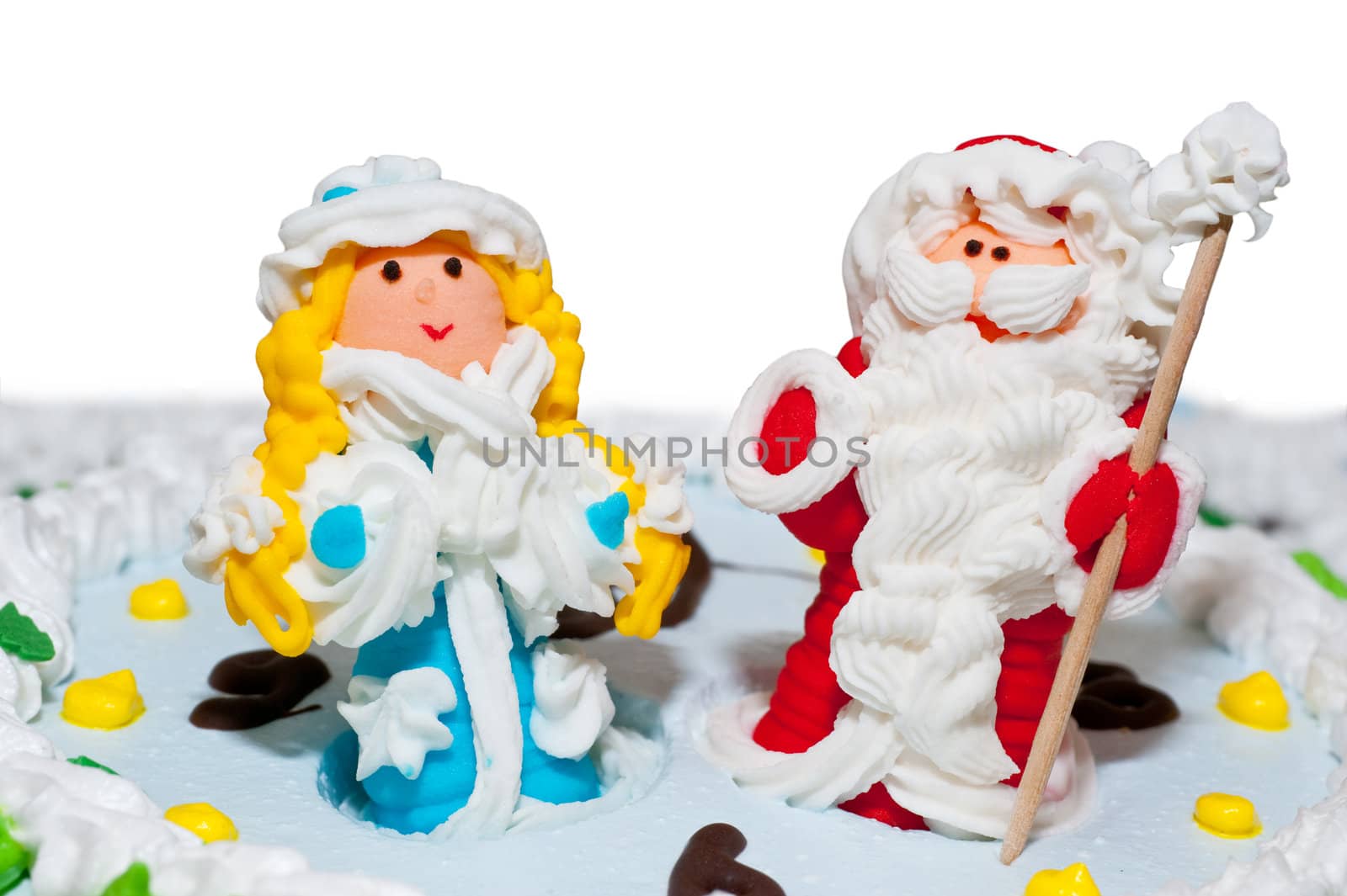 New Year's cake. Decorated the Snow Maiden and Santa on hours.
