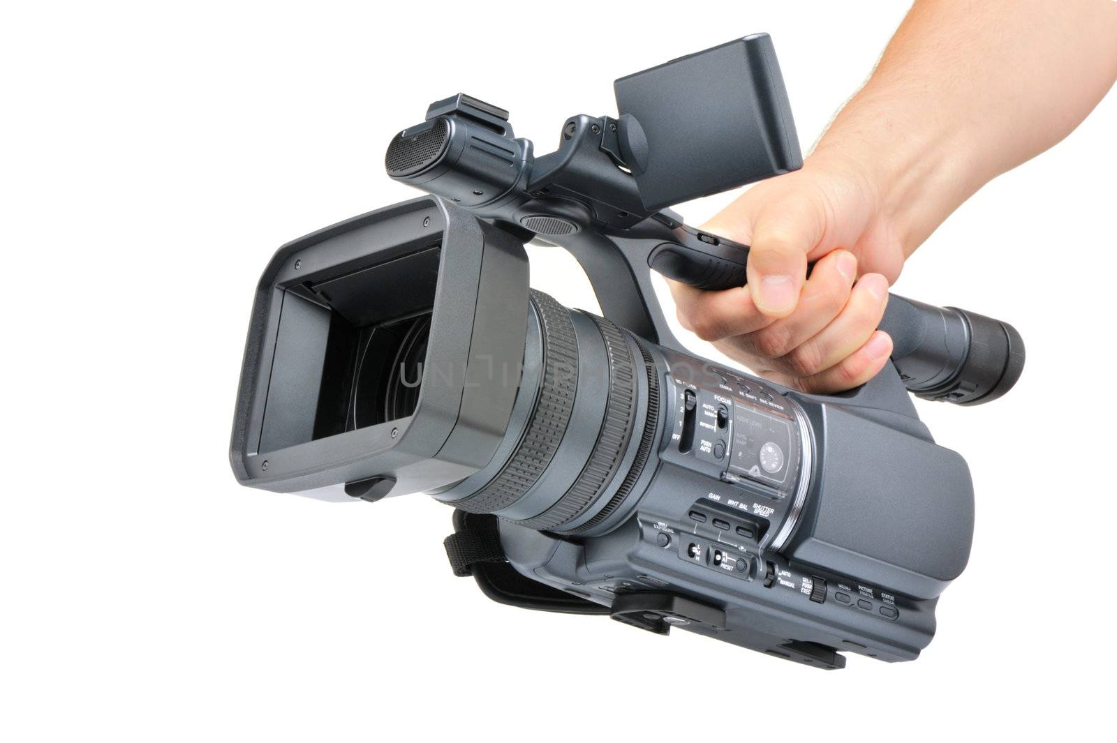 Videocamera in a hand. It is isolated on a white background