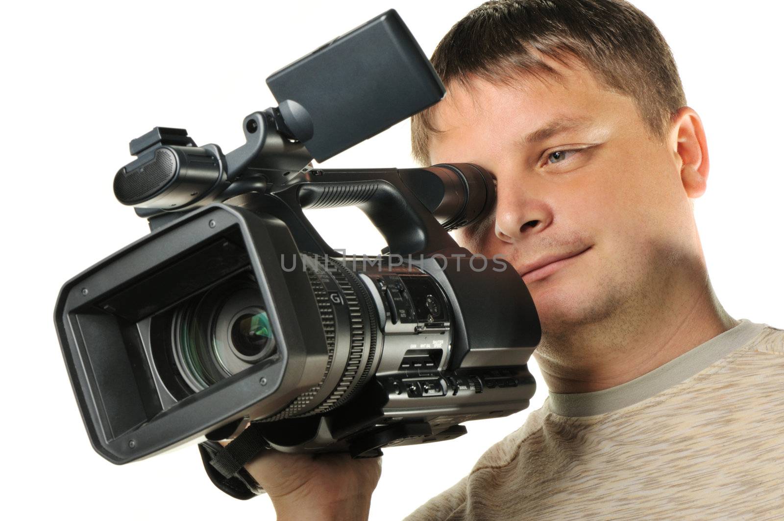 The man with a videocamera. It is isolated on a white background