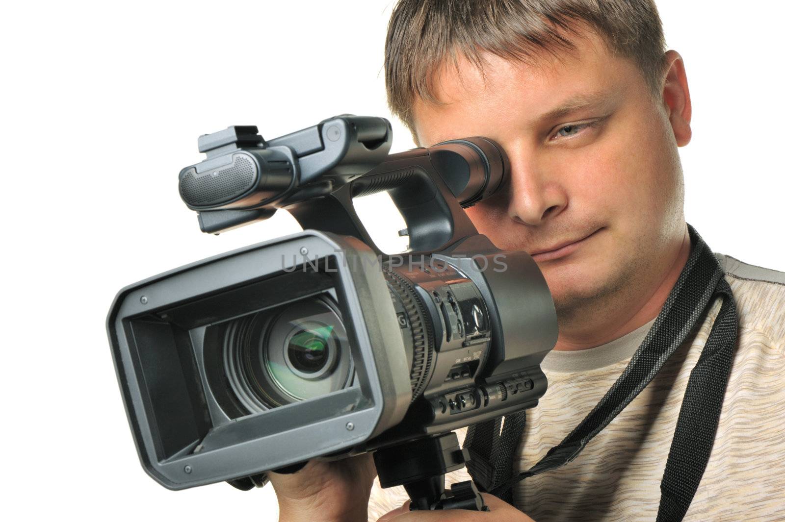 The man with a videocamera. It is isolated on a white background