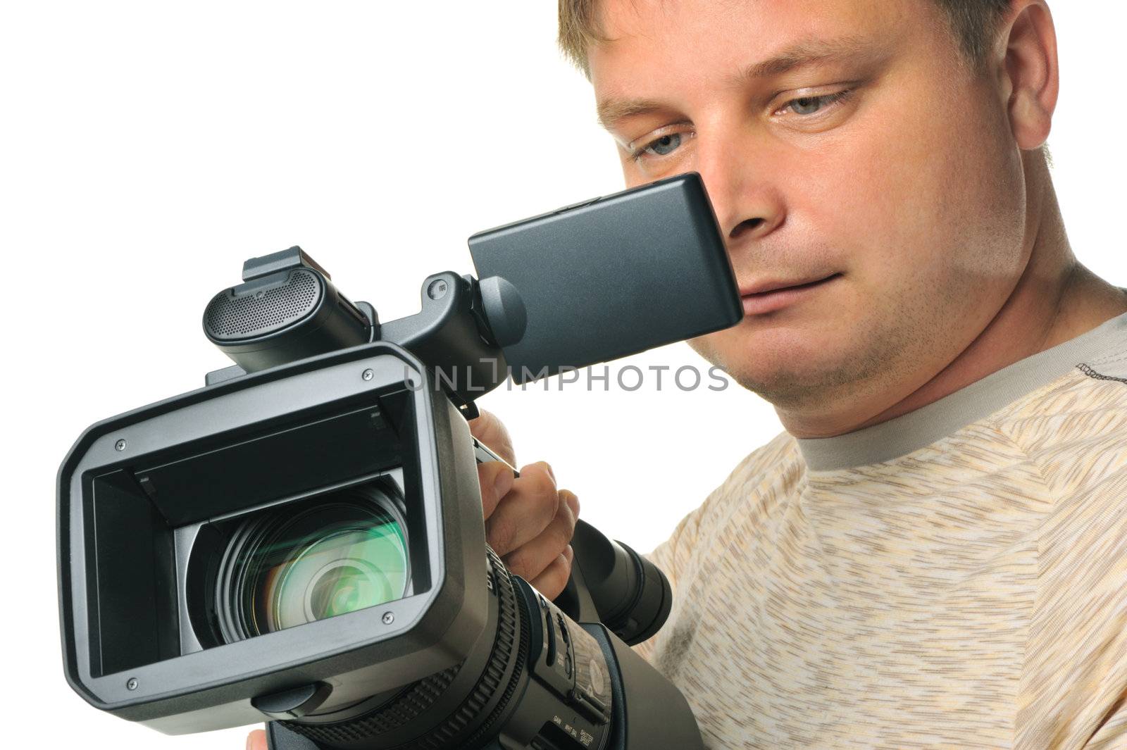 The man with a videocamera. It is isolated on a white background