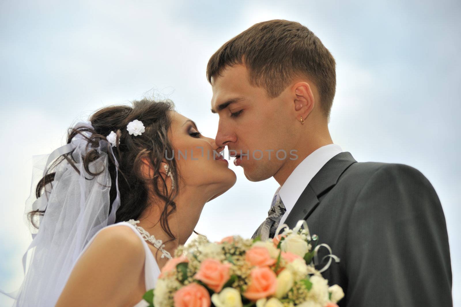 Newly-married couple. Pair young men in wedding day