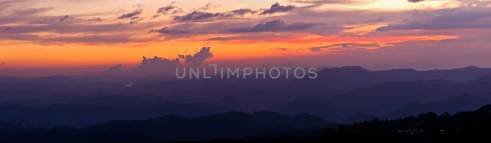 Panorama of sunset in mountains. Munnar, Kerala, India