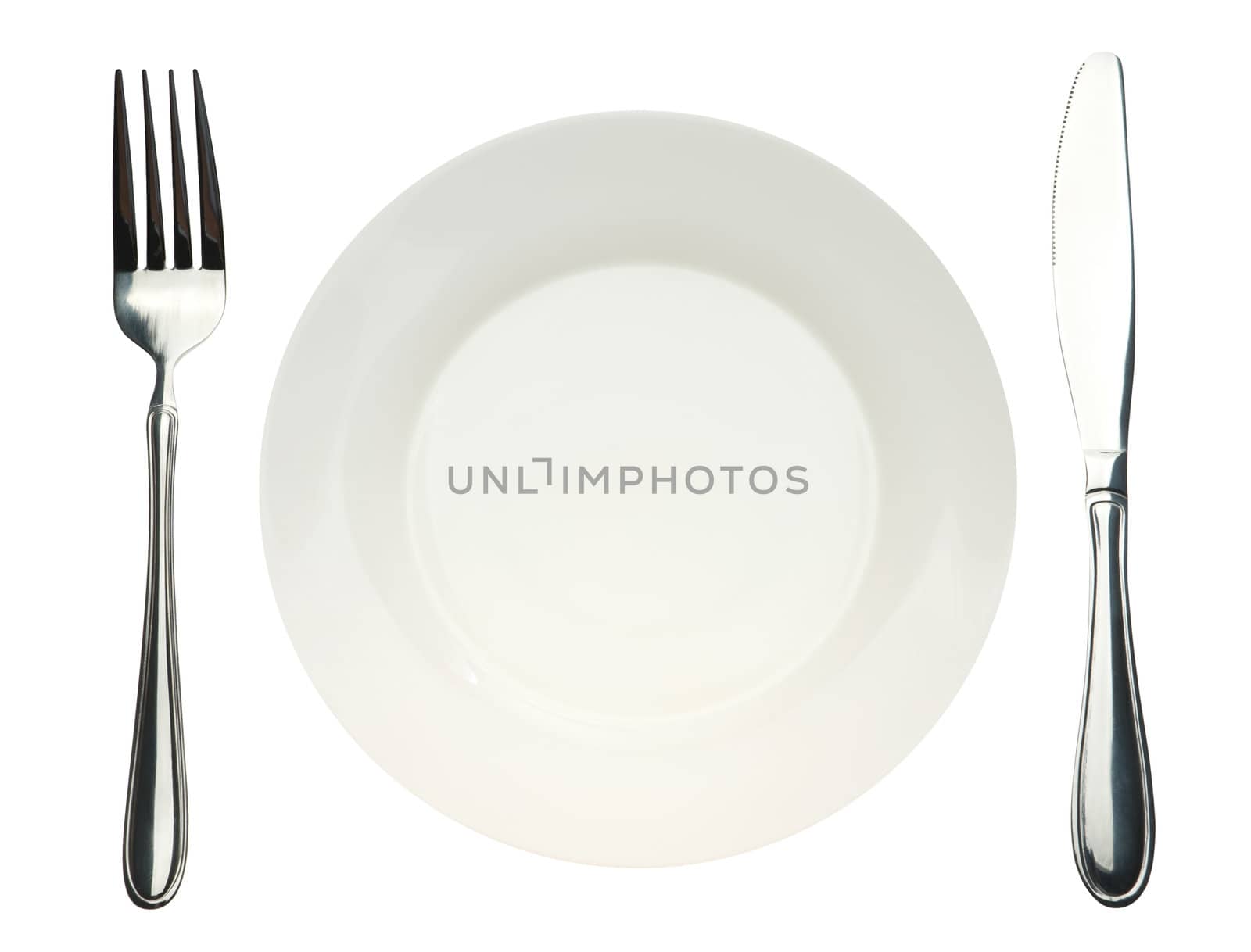 Plate, knife and fork. Kitchen utensils isolated on a white background