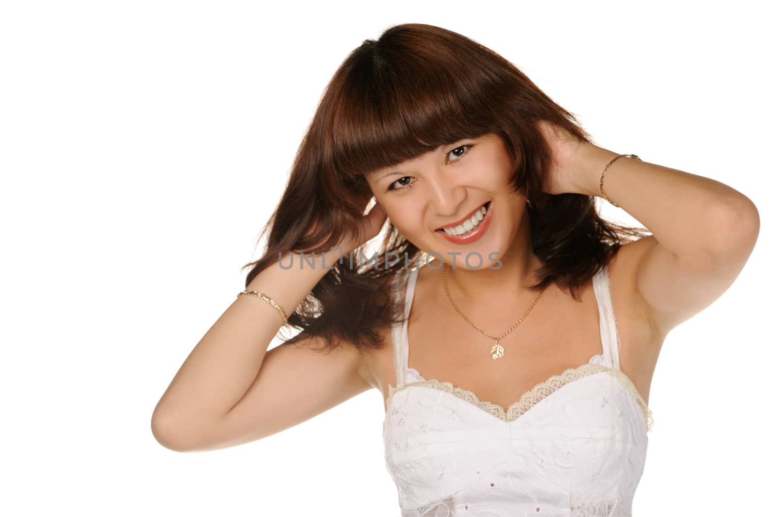 The beautiful girl on a white background. The Asian nationality