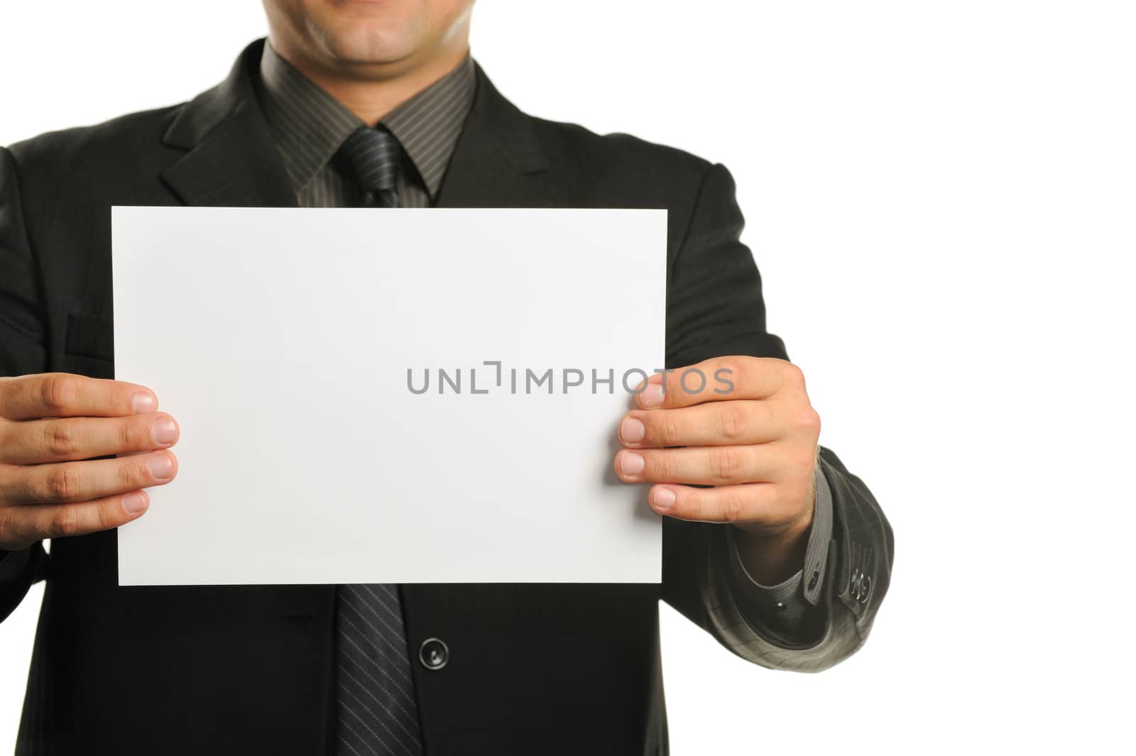 Young the man holds blank signs. It is isolated on a white background