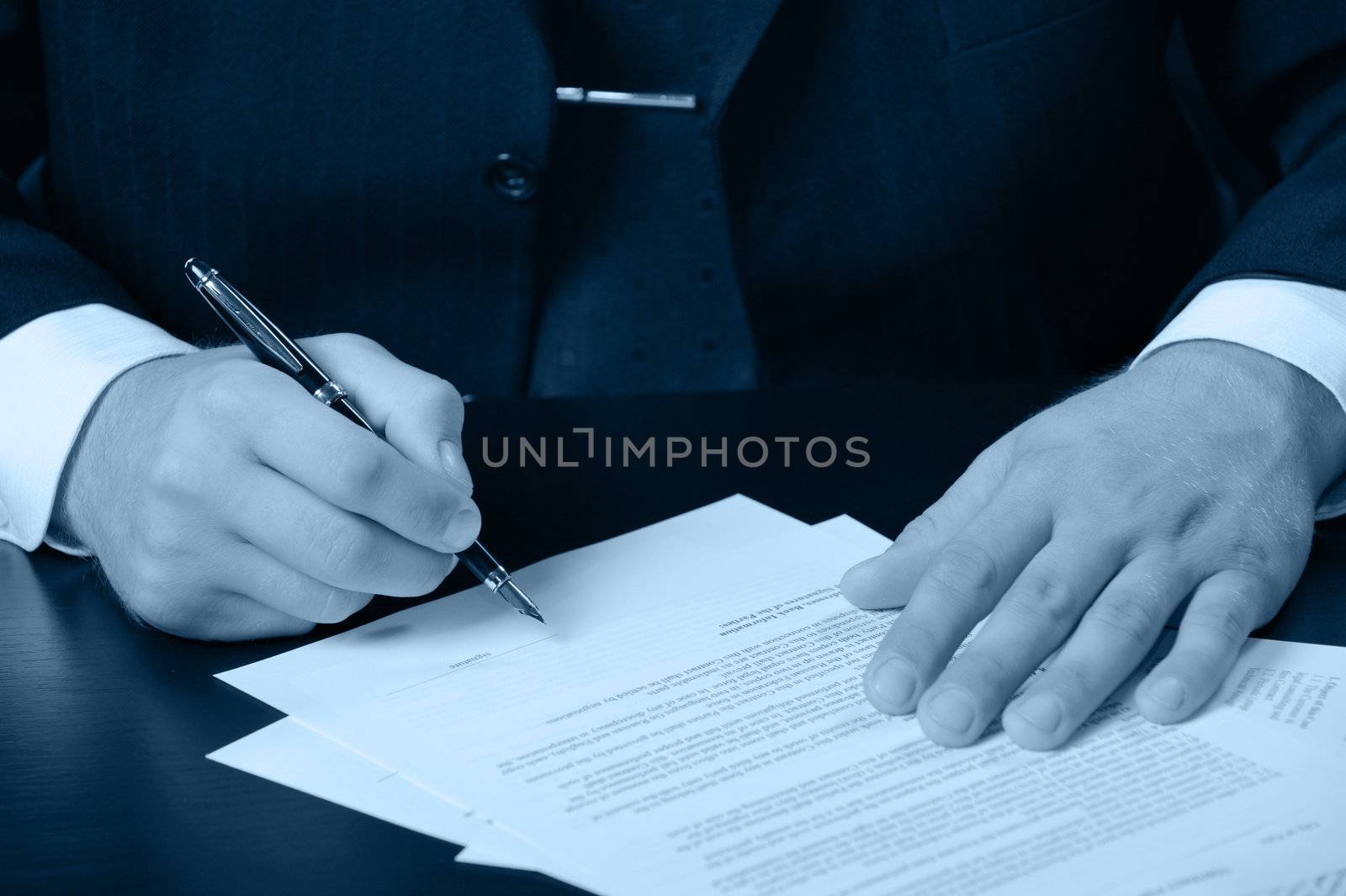 The businessman the signing contract. Blue color.