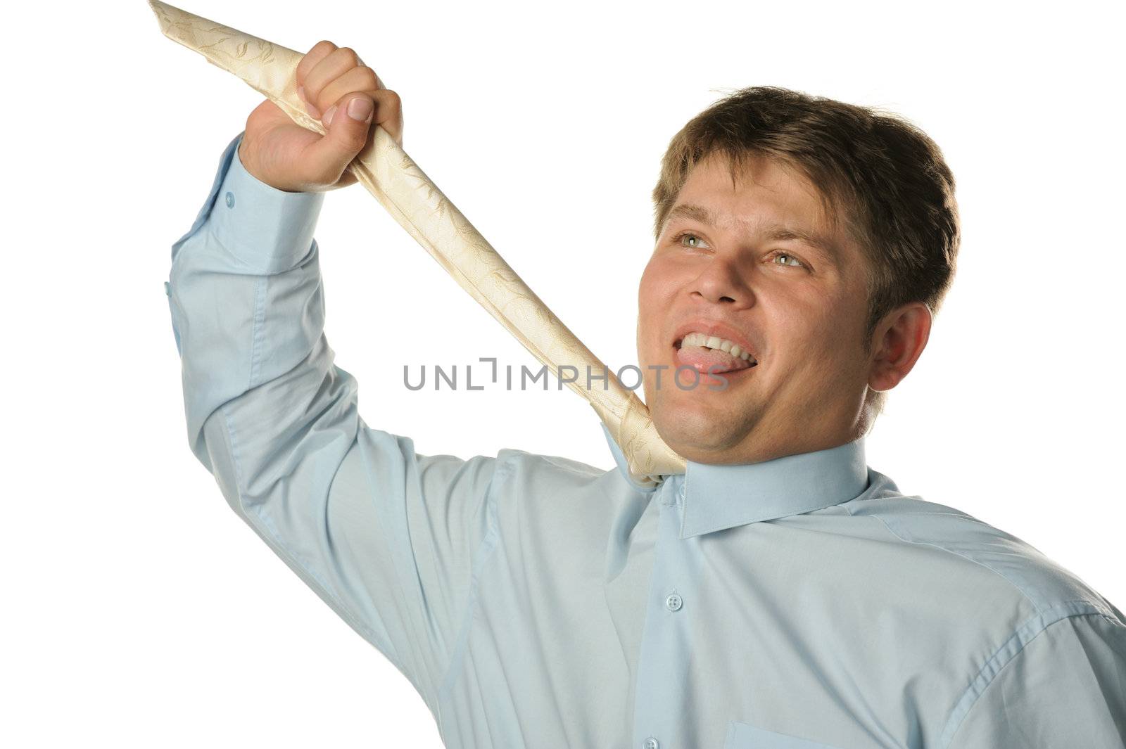 The young businessman suspending for a tie. It is isolated on a white background
