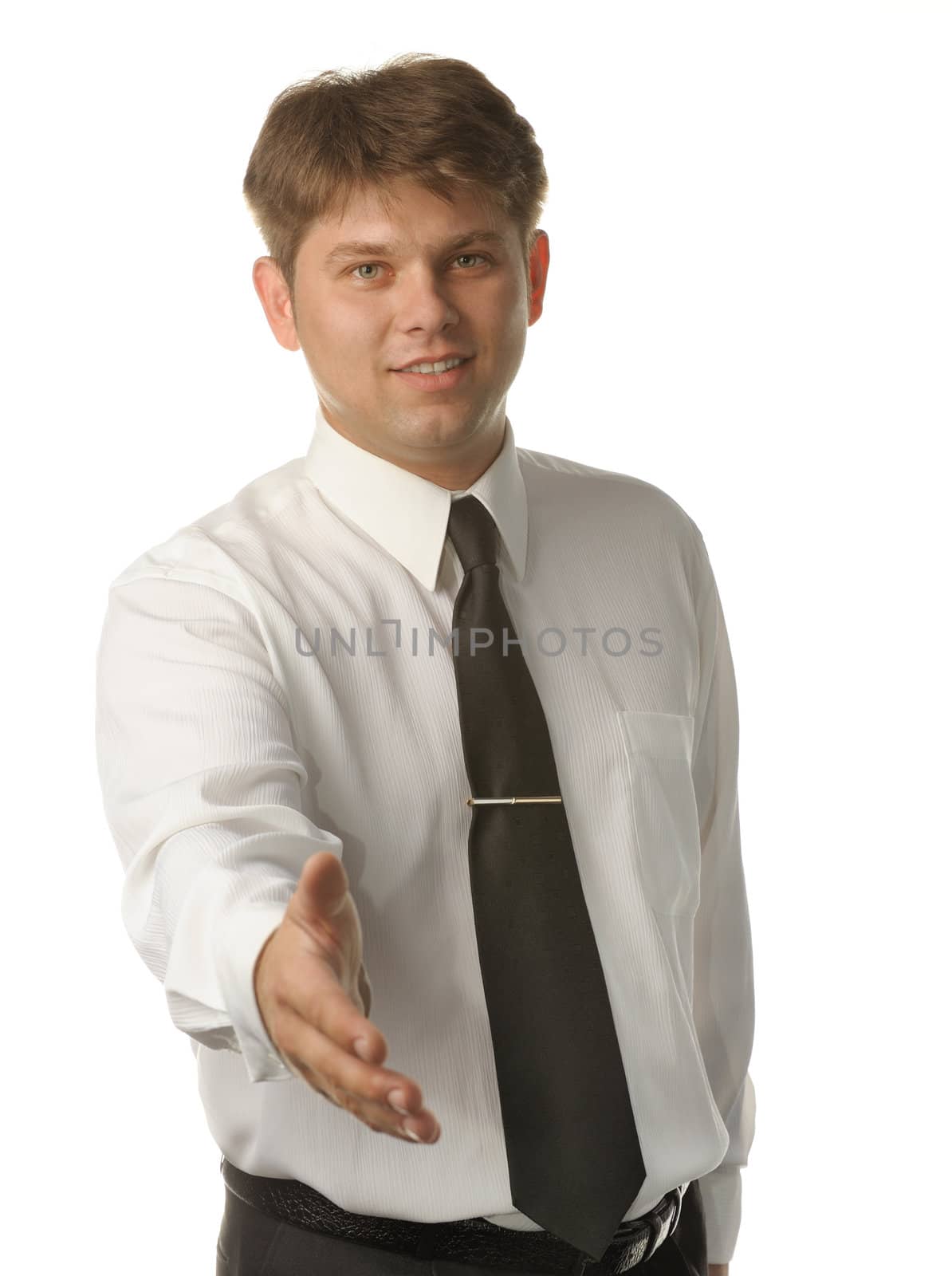 Hand shake of the young businessman. It is isolated on a white background