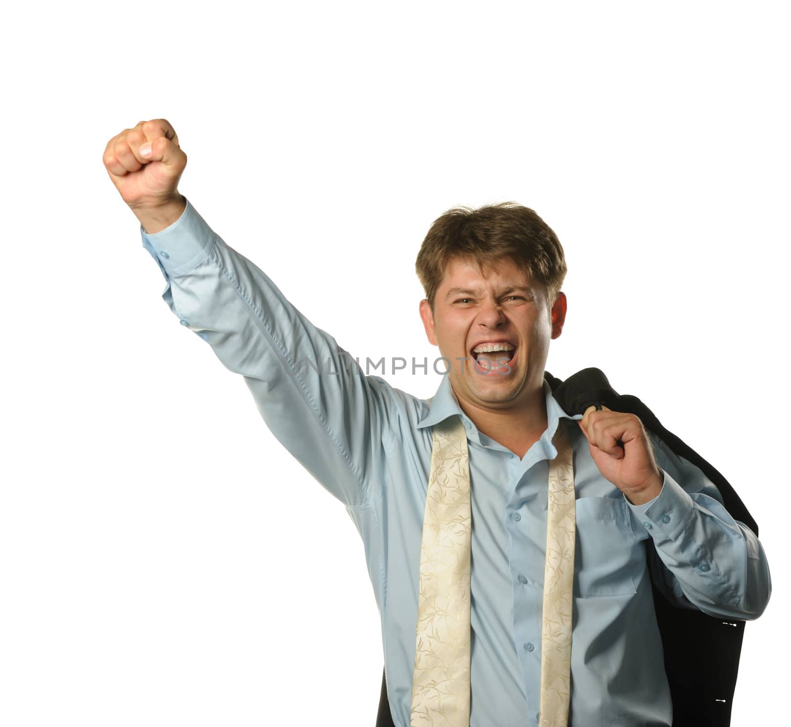 The young businessman - the winner. Expression of pleasure, strong emotion. It is isolated on a white background