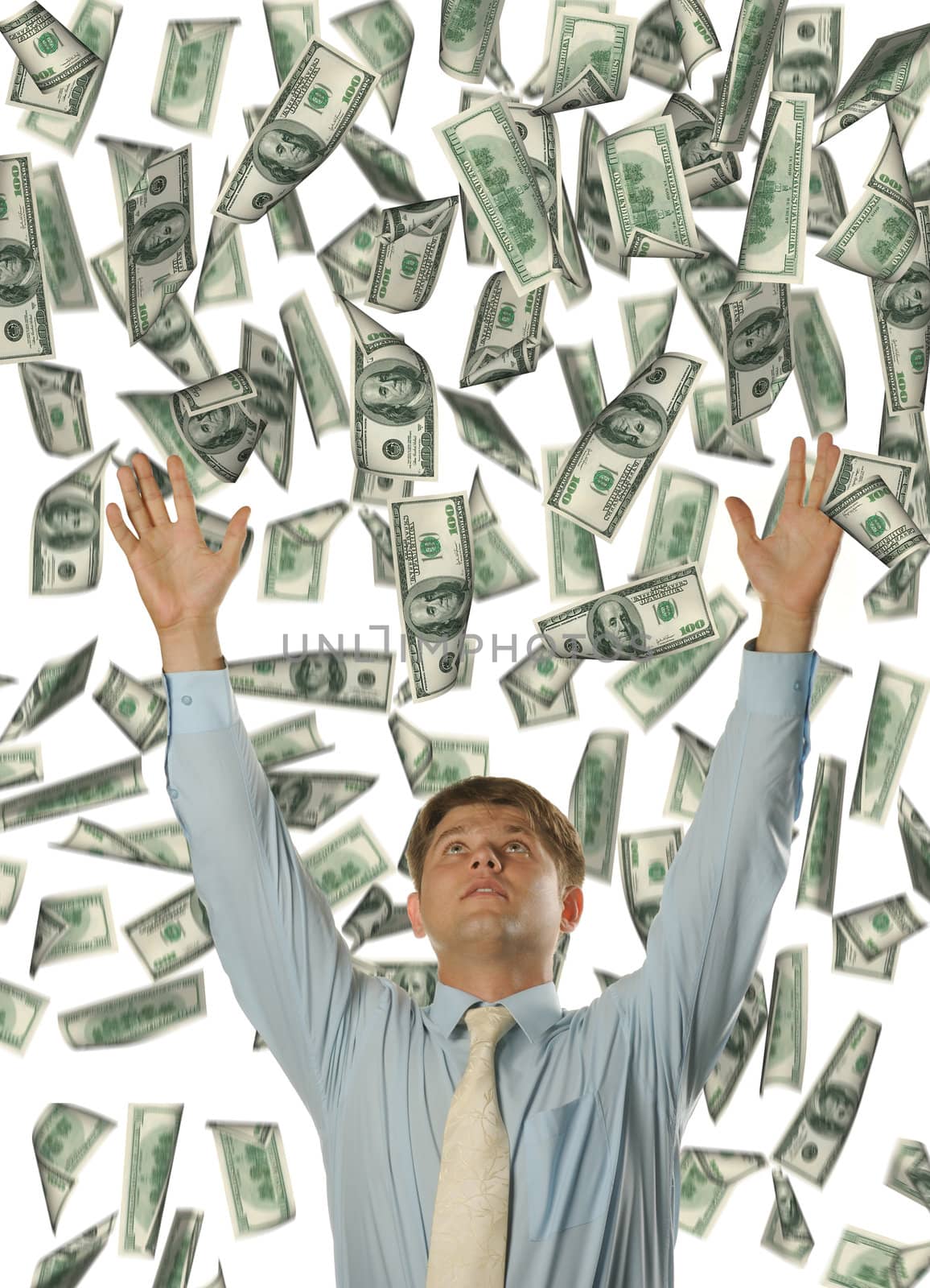 The young businessman falling dollars. It is isolated on a white background