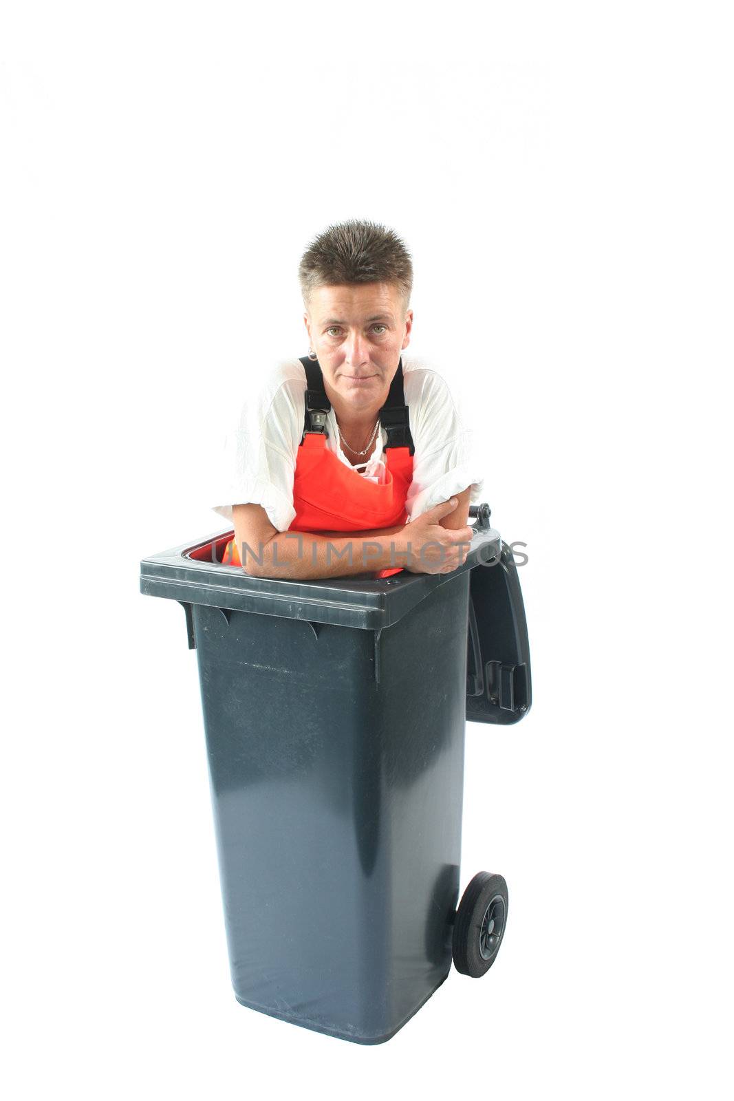 young woman in a garbage can