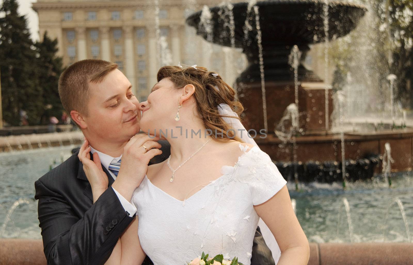 Newly-married couple. Pair young men in wedding day