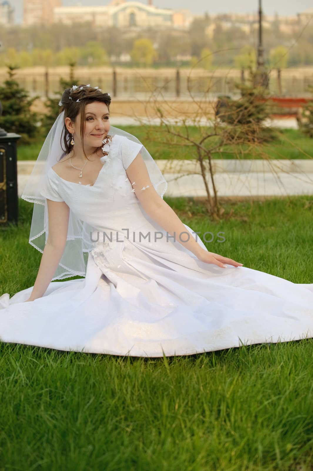 The bride on a lawn. The young girl in a wedding dress.