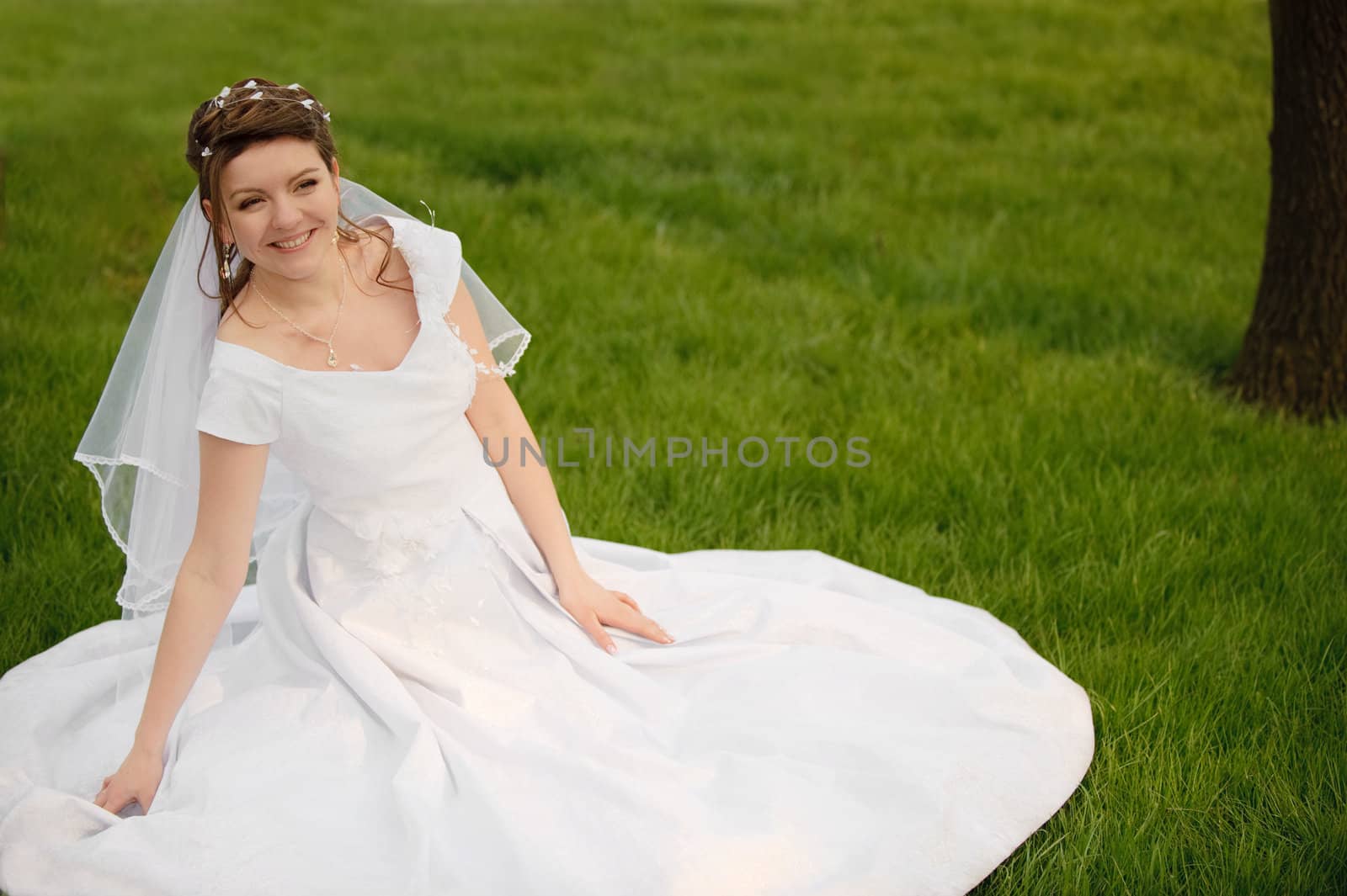 The bride on a lawn. The young girl in a wedding dress.