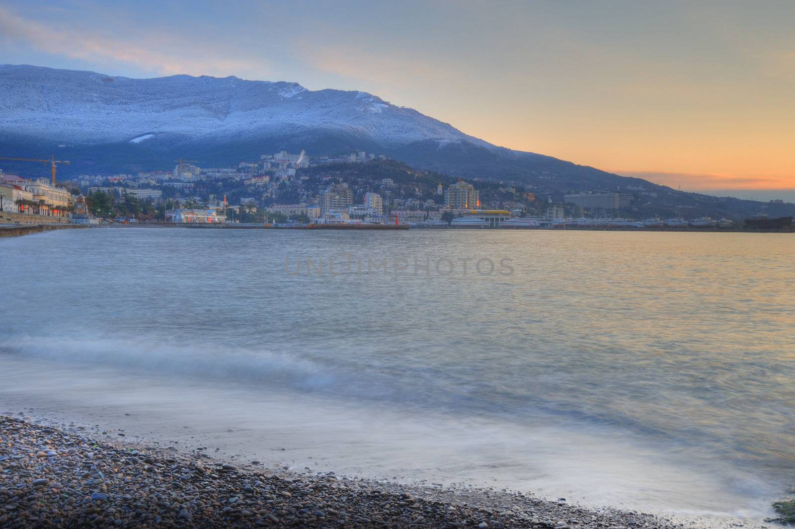 The sea and sity in mountains.Picturesque mountains and the black sea, Crimea, Ukraine