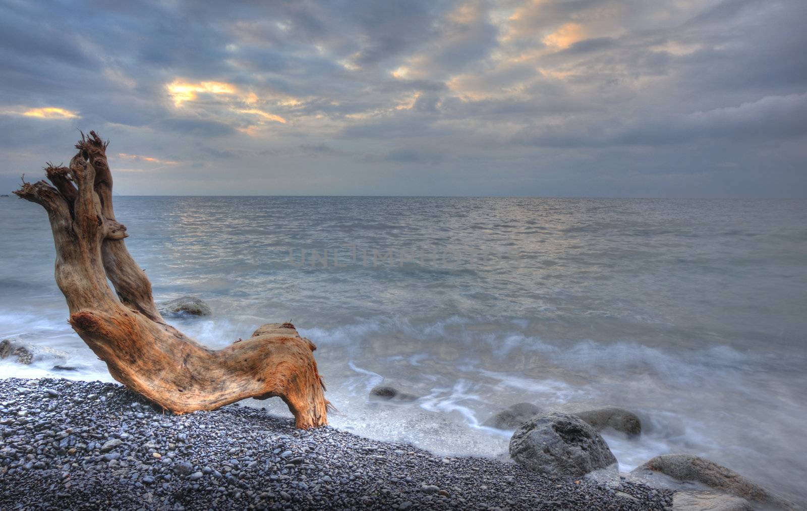 The night sea and timber. The sea photographed at a dawn with long endurance. Crimea, Ukraine
