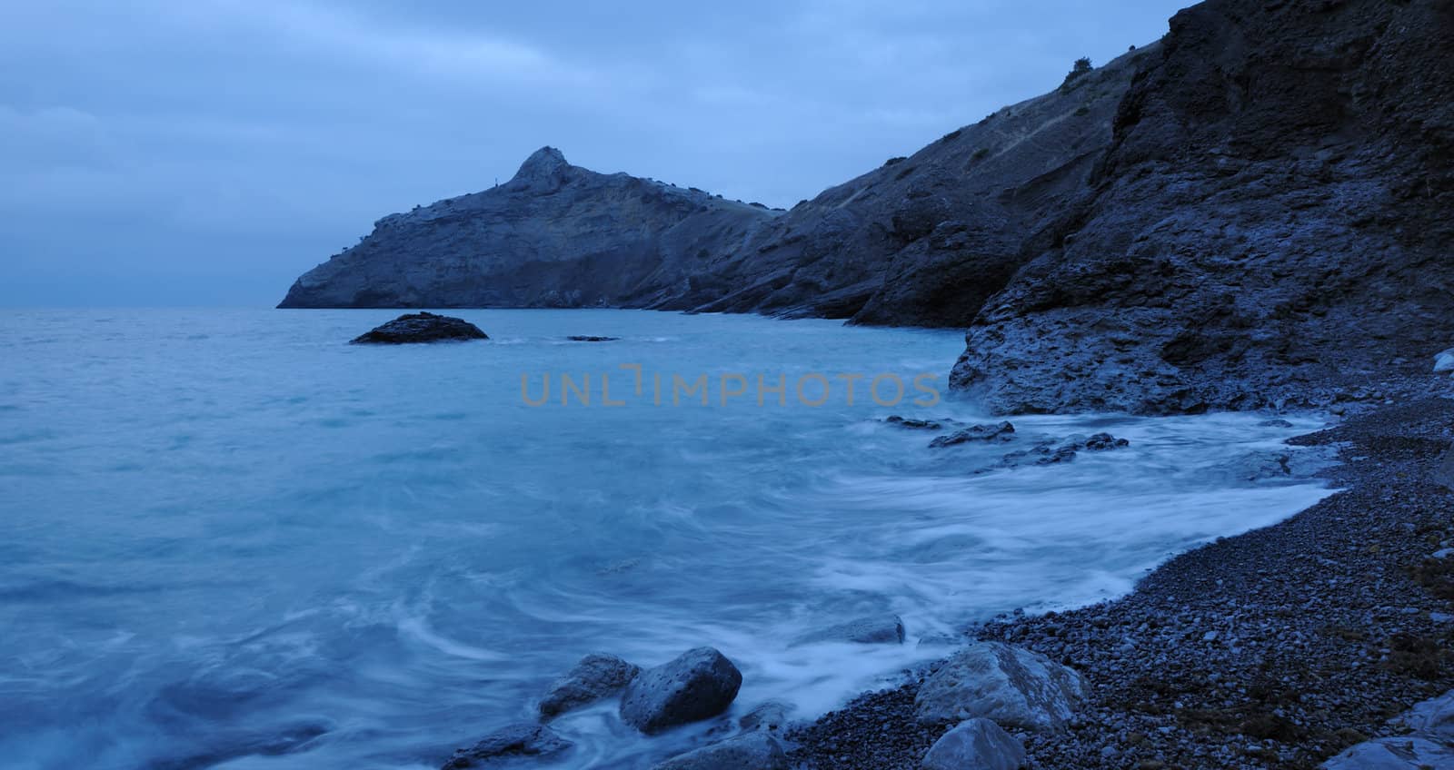The night sea. The sea photographed at a dawn with long endurance. Crimea, Ukraine