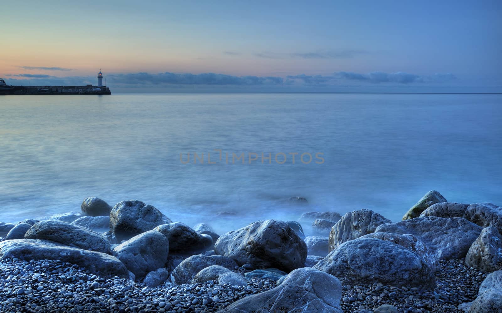 Lighthosue. Means of the equipment of sea ways in the form of a capital construction of tower type. Crimea, Ukraine