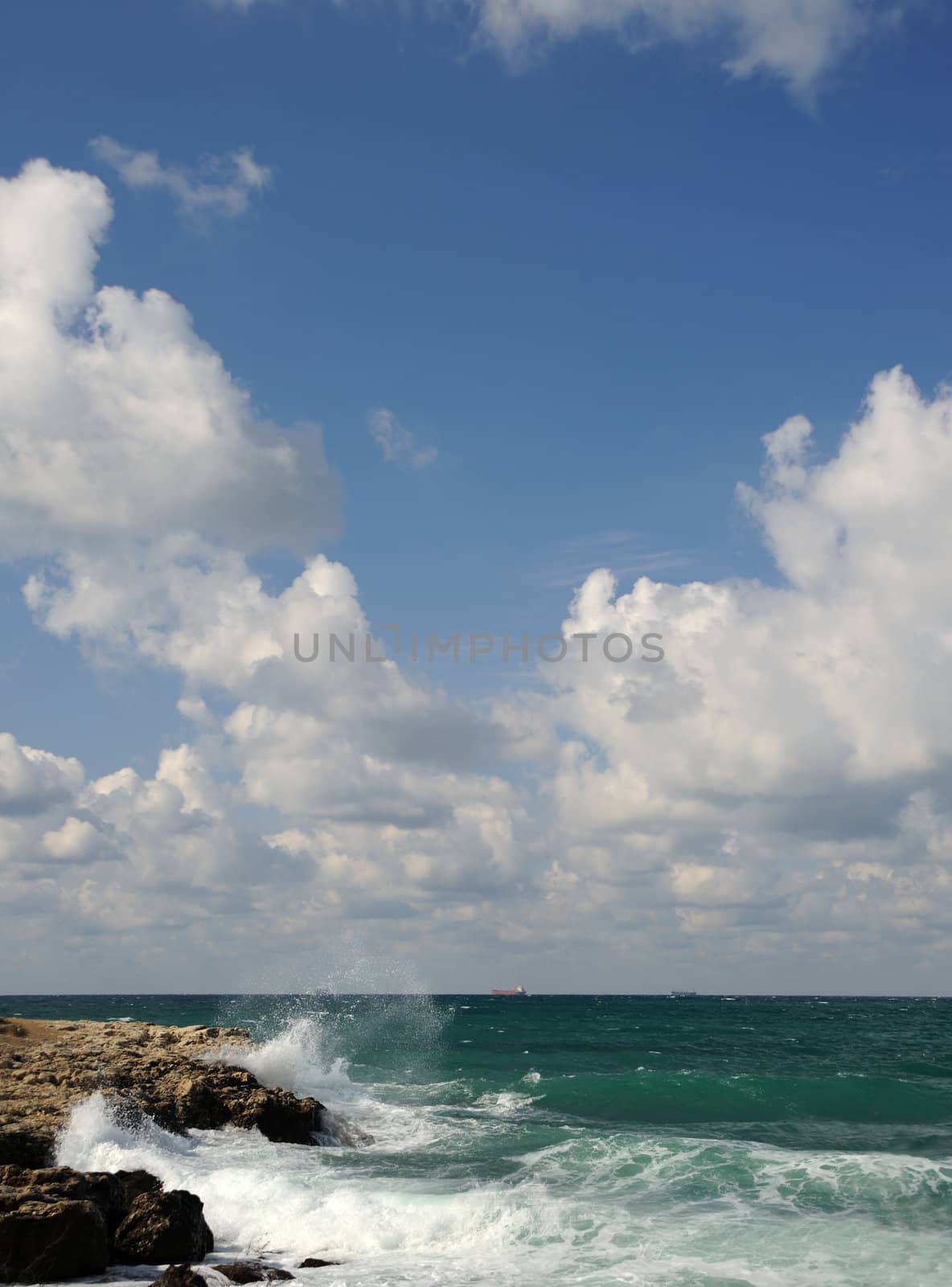 Splash of waves about coastal stones. Crimea, Ukraine
