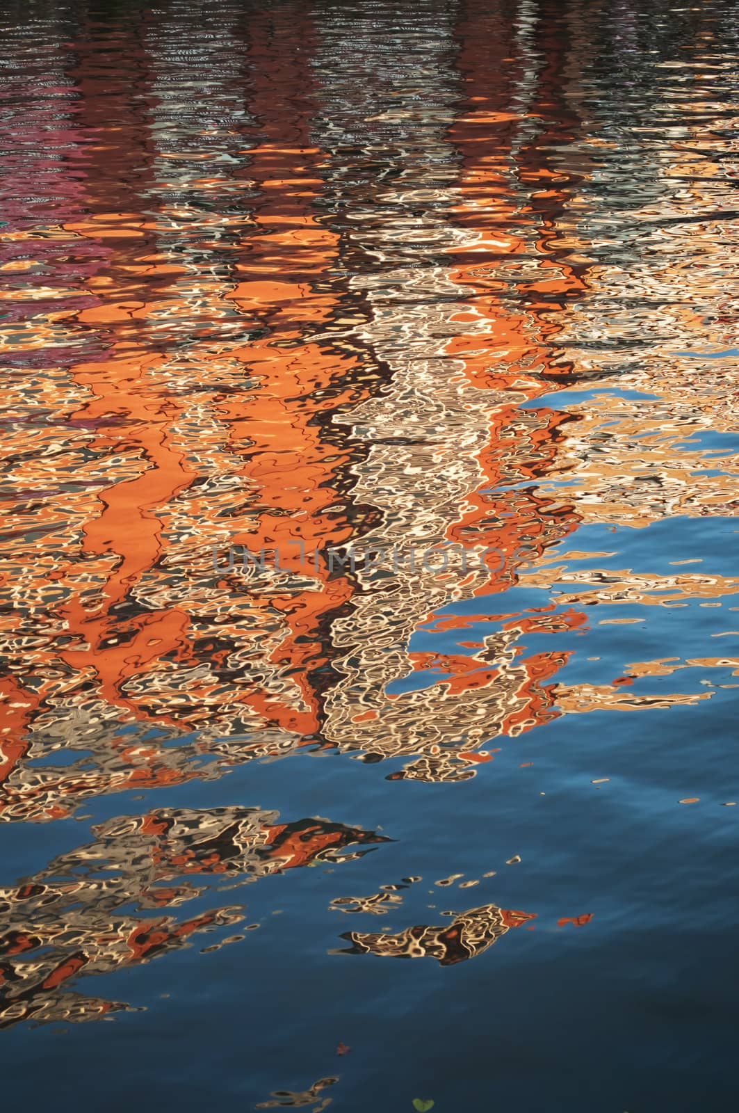 A gently rippled surface on a body of water reflecting blues and golden orange colours